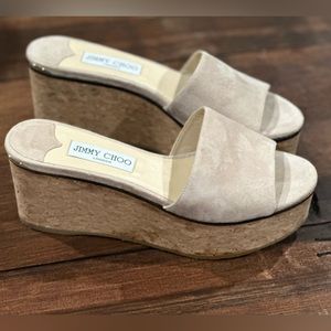 Jimmy Choo DeeDee Suede Platform Mules Sandals Cork Wedge Tan Sz 39